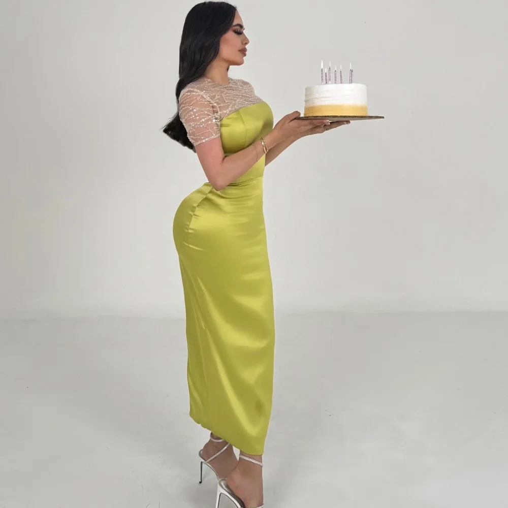 Bella Customized Yellow Beading Short Sleeves robes de soirée Strapless Satin Sheath Dress Party Dresses Backless Prom Dress