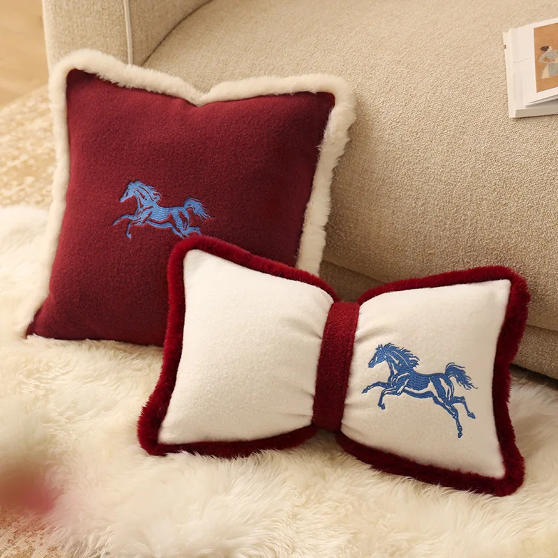 Little Horse Embroidered Throw Pillow Cover Stunning Cushion Case For Christmas New Year Home Decor Bow Sofa Cushion Waist Cover