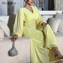 Flechazo Yellow Chiffon Evening Dresses V Neck Long Sleeves A Line Beaded Party Elegant Dress For Women 2024 vestidos de gala