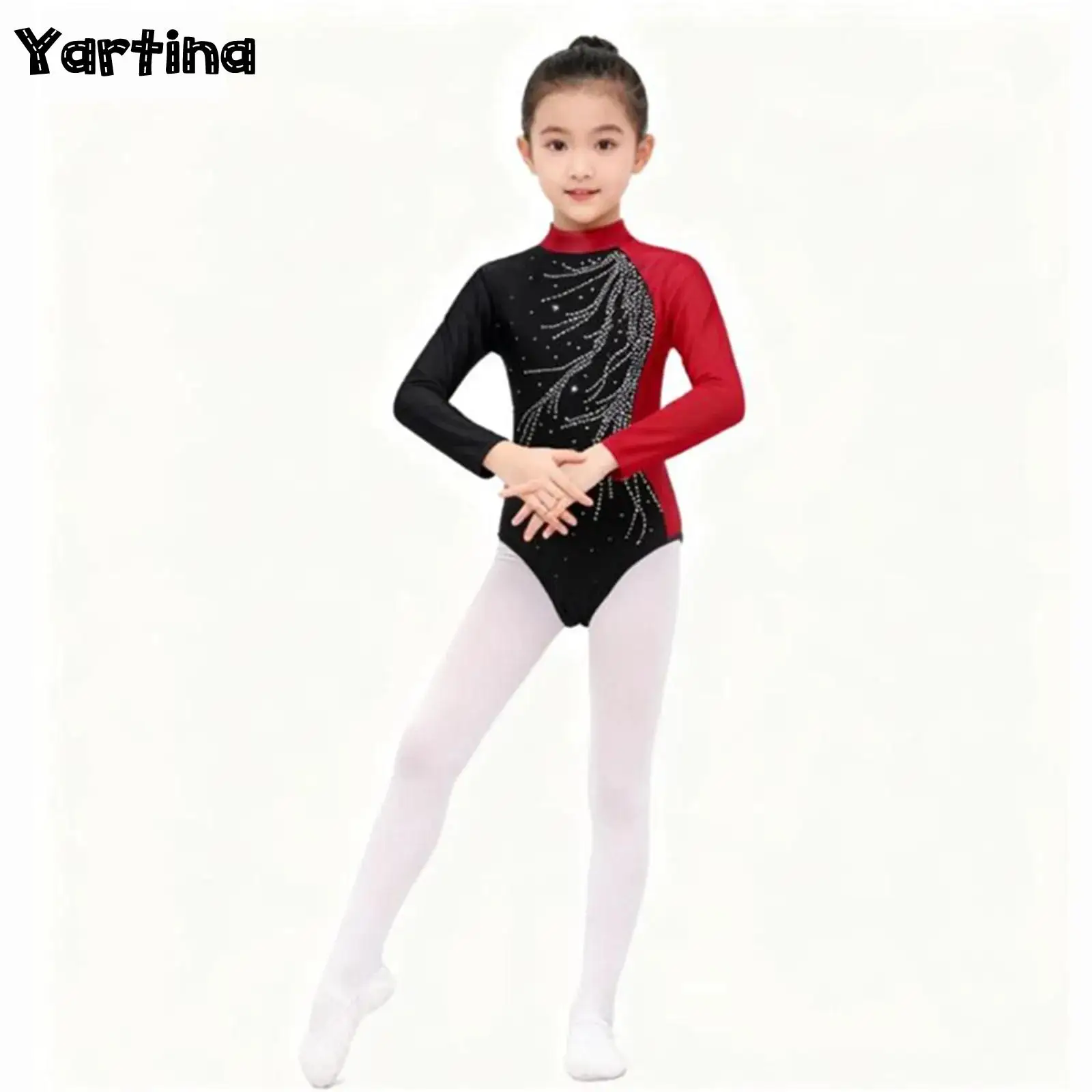 

Гимнастический балетный трико, костюм для детей, танцевальная одежда для девочек, блестящий комбинезон с длинными рукавами и искусственными бриллиантами, украшенный фигурным катанием на коньках