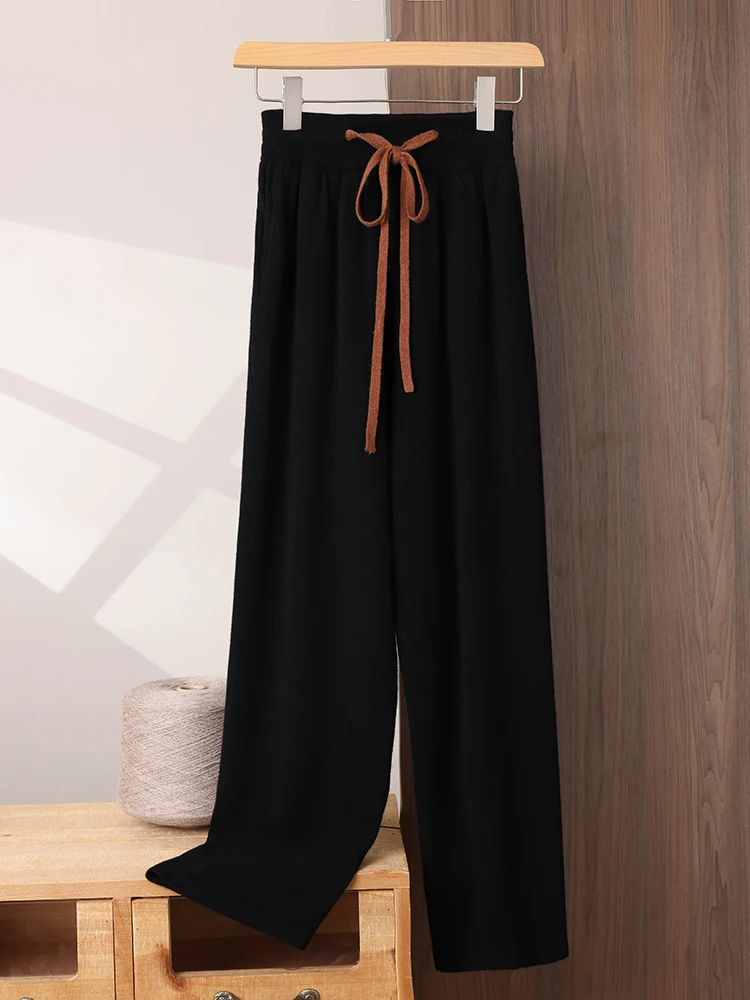 100% Cashmere Straight Pants Men Elastic Waist Drawstring Trousers Autumn Winter Regular Knitted Pockets Soft Basic Casual Pants