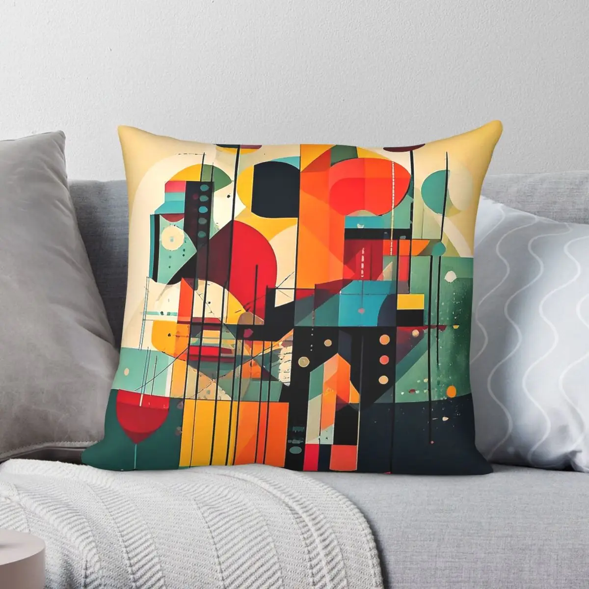 Retro Bauhaus Bold Shapes Square Pillowcase Polyester Linen Velvet Printed Zip Decorative Throw Pillow Case Car Cushion Cover
