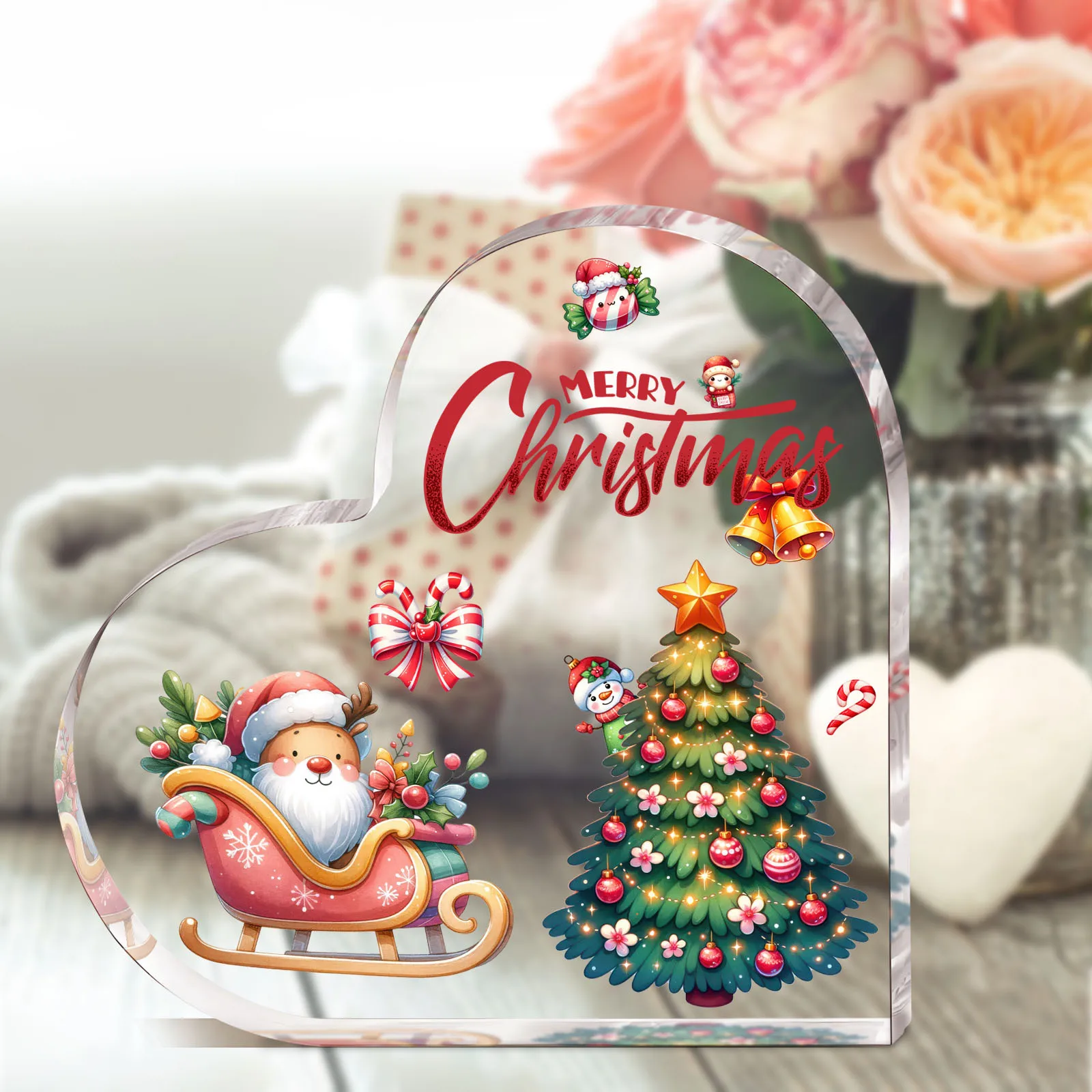 Heart Shape Acrylic Sign, Merry Christmas Santa Reindeer Sleigh Desktop Ornament, Christmas Tree Snowman Candy Cane Table Decor, Colorful Xmas Home Holiday Gift