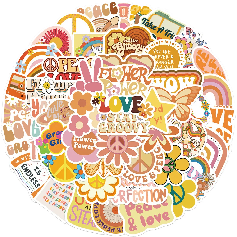 

50Pcs Groovy Boho Hippie DIY Stickers Rainbow Daisy Butterfly Pace Theme Self Adhesive Stickers 60s Hippie Party Stickers