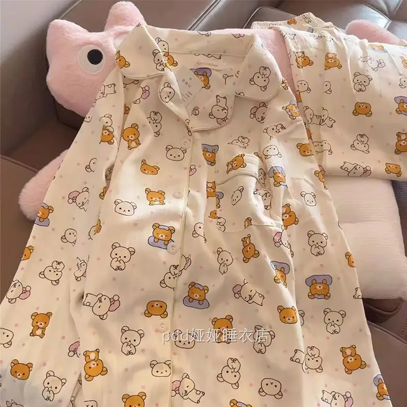 Pijama Kawaii Rilakkumas para mujer, pantalones de manga larga para primavera y otoño, seda auténtica Y2K, conjunto de ropa de casa con dibujos animados para chica, regalos de cumpleaños