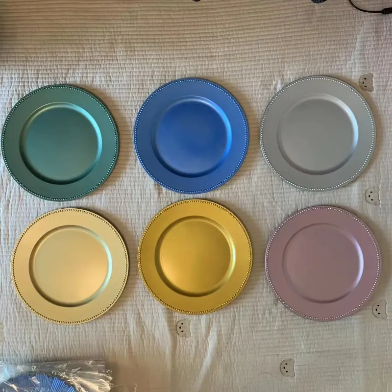 

Plastic Gold Charger Plates, Round Beaded Charger Plates, Decorative Dinner Chargers, Embossed Charger Serving Plates, 13"