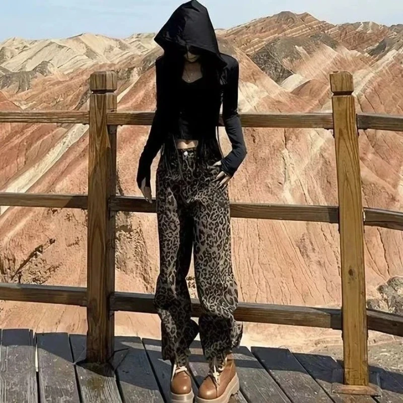 جينز نسائي Y2k جينز أمريكي ريترو بطبعة الفهد بنطال ذو قصة أرجل واسعة عالي الخصر فضفاض مناسب للشتاء تصميم جديد للتخسيس مستقيم طويل