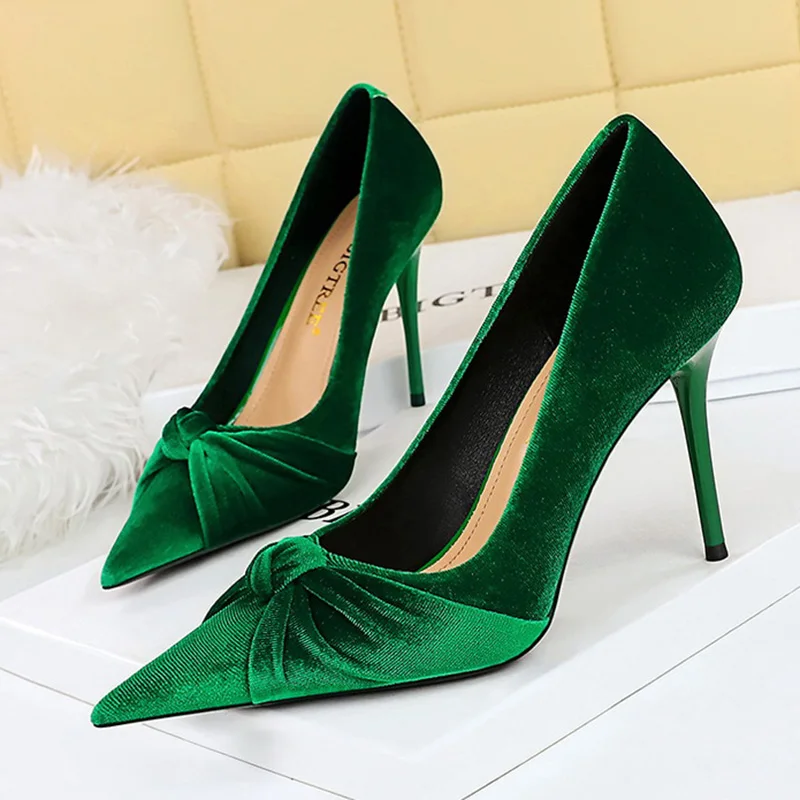 BIGTREE Retro Women Suede 10cm High Heels Party Pumps Scarpins Green Velvet Stiletto Heels Lady Bowknot Wedding Shoes Plus Size