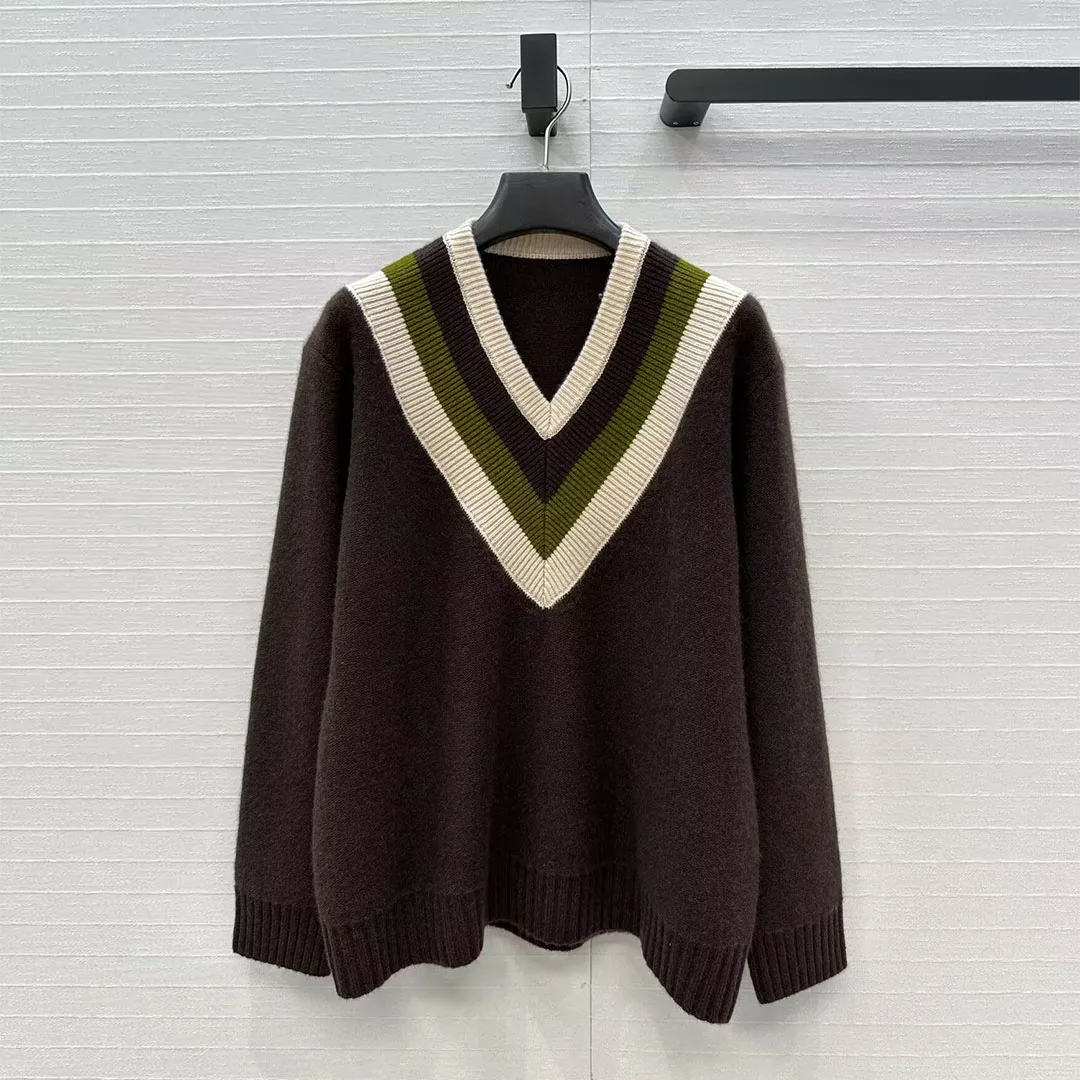 

Новинка 202, осень-зима, 100% кашемир, мягкий свитер в консервативном стиле, женский свободный вязаный пуловер в контрастную полоску с v-образным вырезом и длинными рукавами