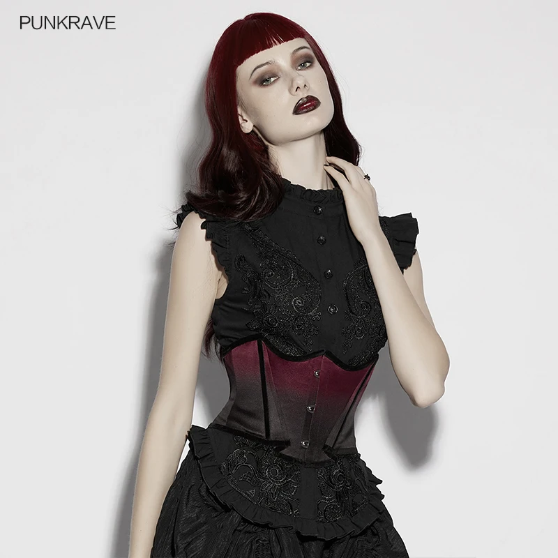PUNK RAVE Women's Goth Bat Outline Woven Gradient Corset Warm Glossy Texture Silky Built in Steel Frame Accessories Two Colors
