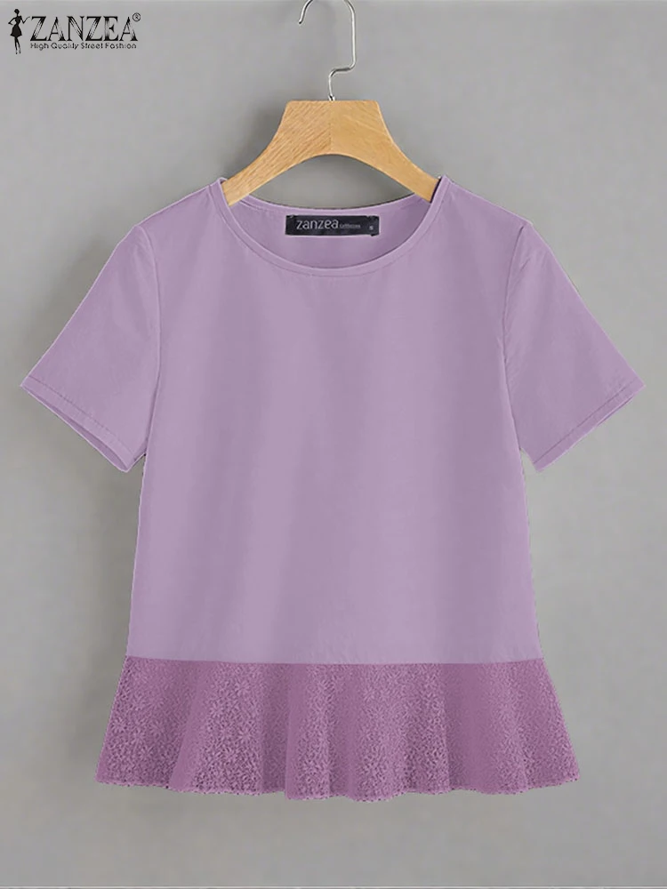 

ZANZEA Summer Fashion Woman T-Shirts Elegant Lace Tulle Hem O-Neck Short Sleeve Solid Color Tees Day Wear Commuting Casual Tops