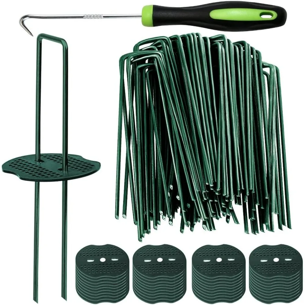 

200pcs Green Turf Staples with Washers, 6 Inch Heavy Duty Landscape Pins for Weed Barrier and Fabric