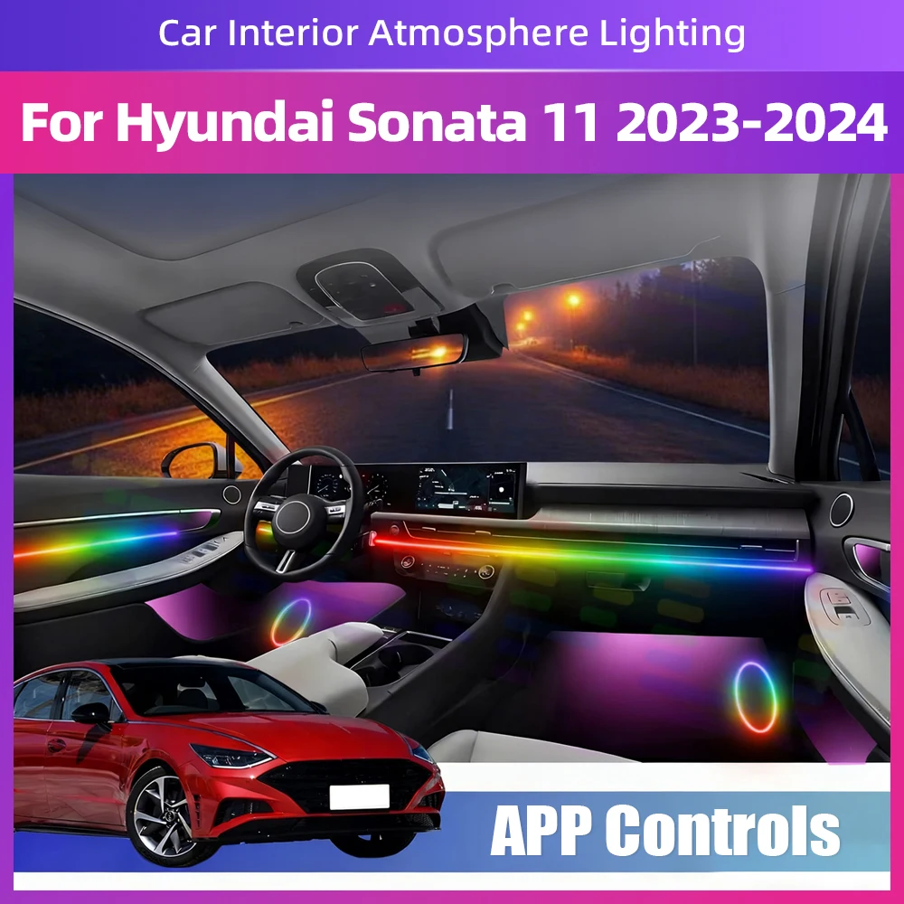 

Аксессуары для внутреннего освещения автомобиля, RGB симфоническая лампа, акриловая полоса с приложением для различных цветов для Hyundai Sonata 11, 2023-2024