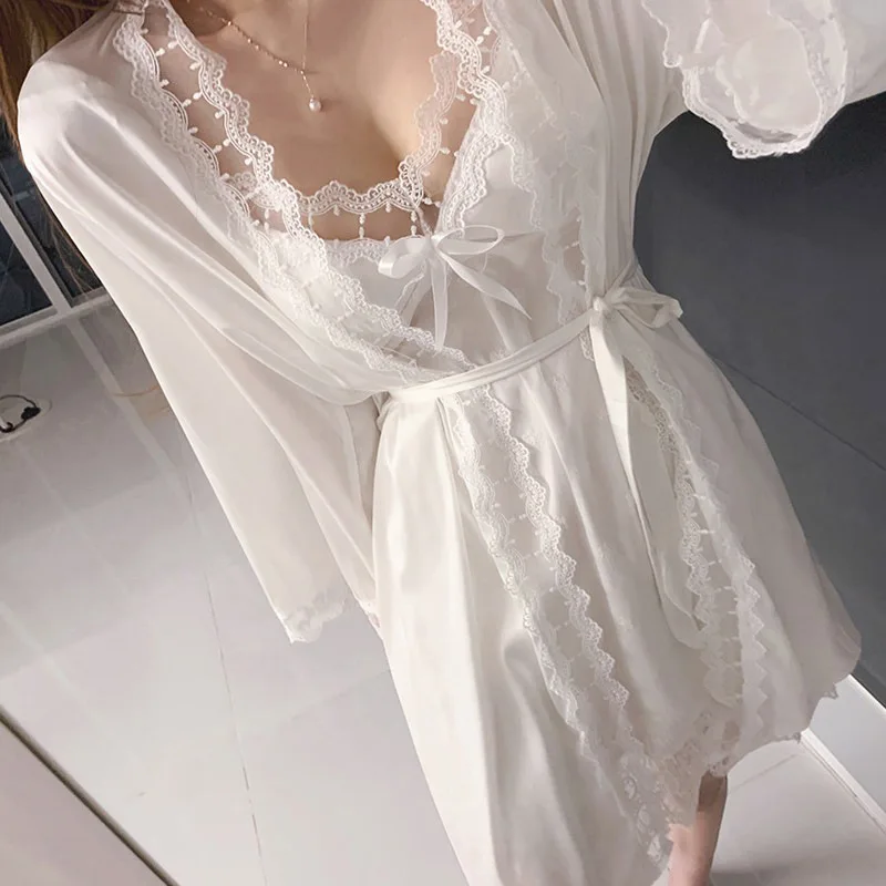 Bride Wedding Dress Set Dot Lace Flower Nightgown Lady White 2Pcs Nighty&dress Suit Sleepwear Satin Loungewear Kimono Bathrobe