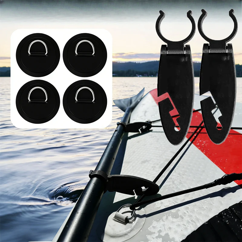 SUP Paddle Clip & D-Ring Pad Kit - 2 Paddle Holders + 4 D-Ring Pads, No-Drill Self-Adhesive Mounts for Kayak, Canoe, Boat