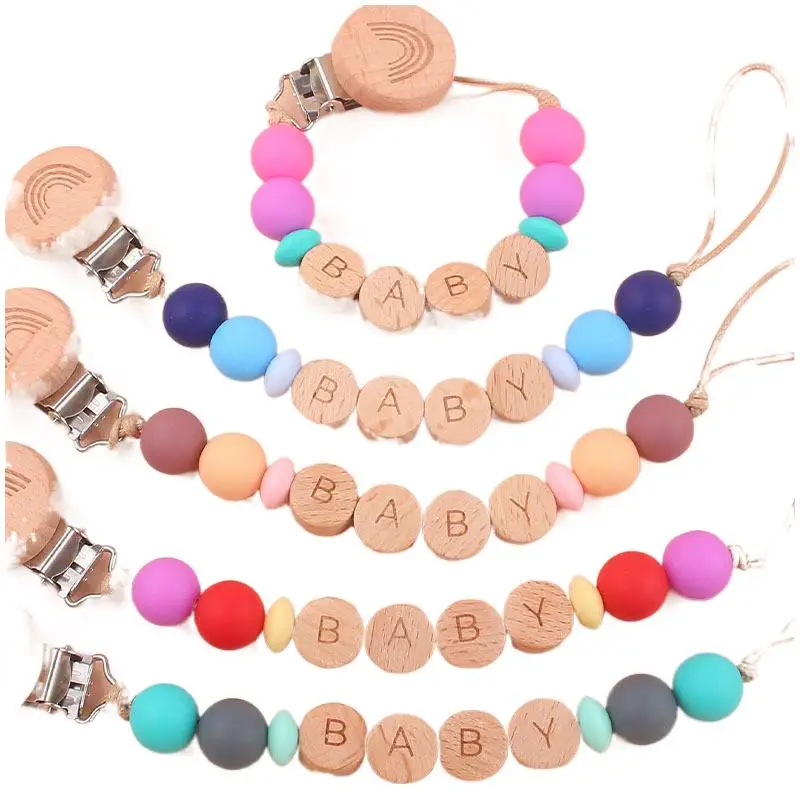 

Handmade Personalized Name Wood Rainbow Baby Pacifier Chain Clip Silicone Bead Nipple Dummy Holder Teether Pendant Teething Toys