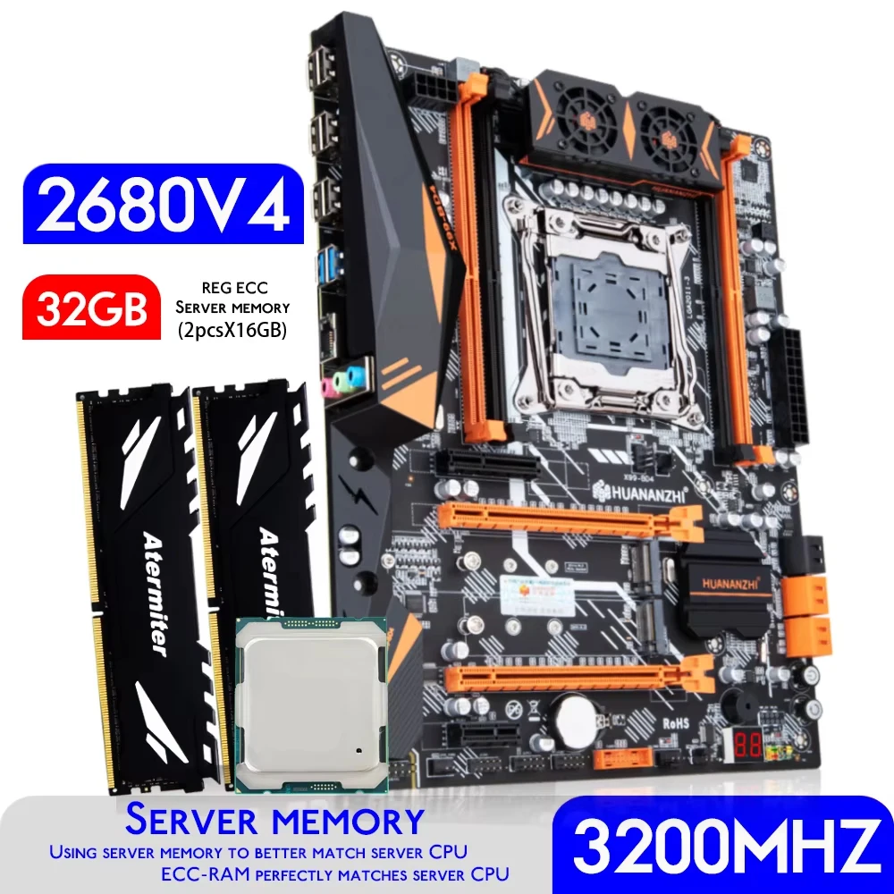 HUANANZHI X99 BD4 Motherboard Combo Kit Set 2011-3 XEON E5 2680 V4 2* 16GB = 32GB 3200MHz DDR4 RAM REG ECC Memory NVME USB3.0