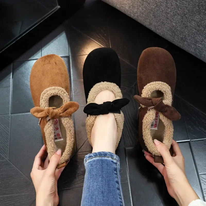 

New Soft Bottom Furry Shoes Women 2025 Mary Jane Shoes Winter Warm Short Plush Flats Shoes Bow Non Slip Snow Boots for Woman
