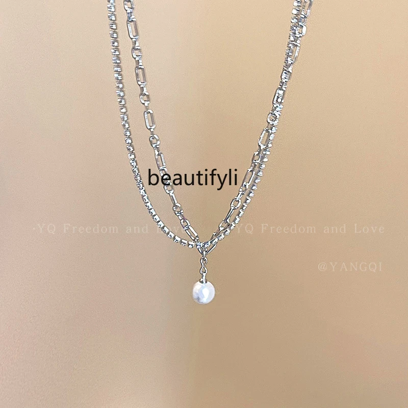 Pearl Zircon Double-Layer Necklace Light Luxury Minority High-Grade Twin Clavicle Chain Refined Stylish and Versatile Necklace