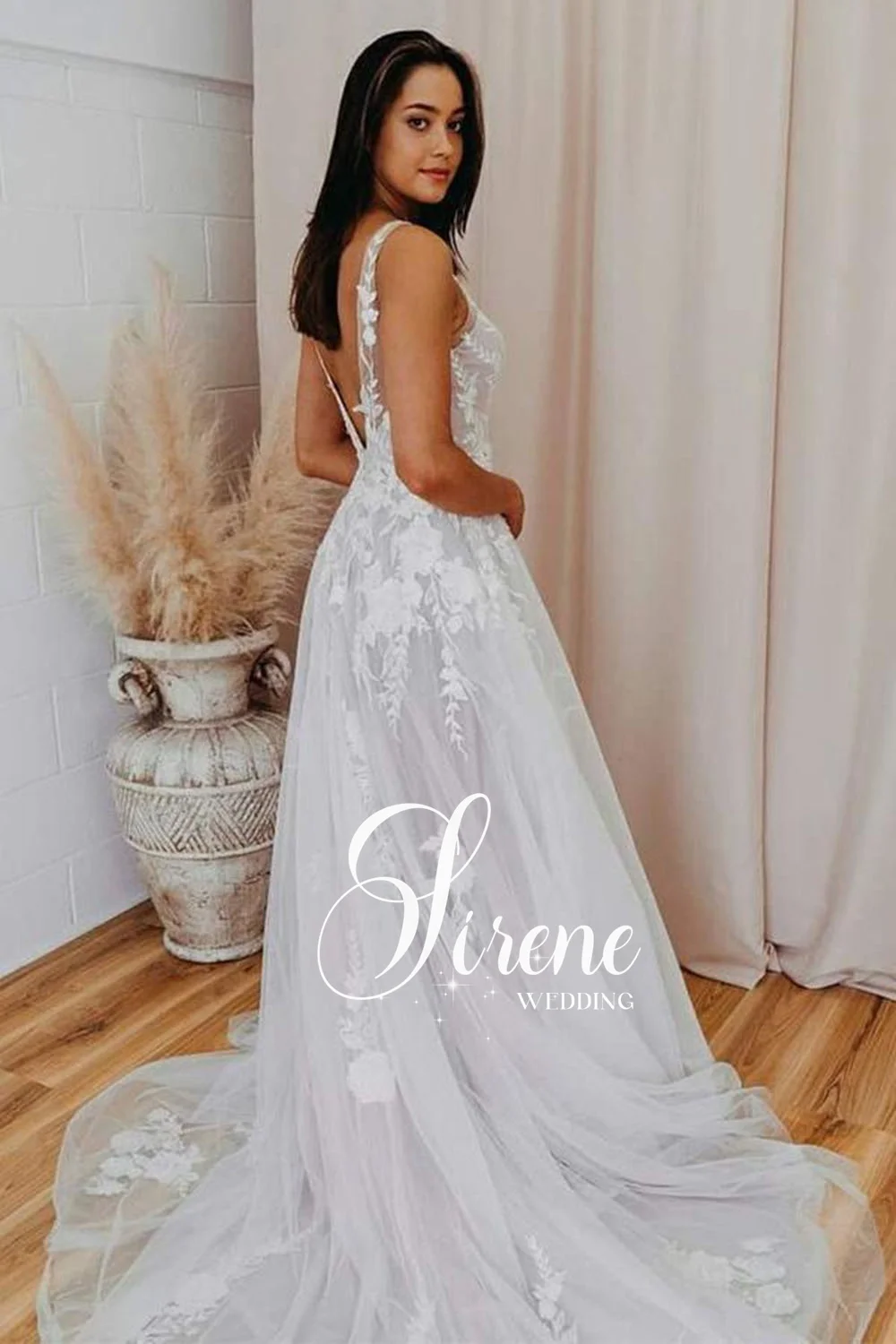 Customized SIrene Sexy V Neck Spaghetti Straps Wedding Dresse For Women Sleeveless A-Line Sweep Length Vestido De Novia Simple