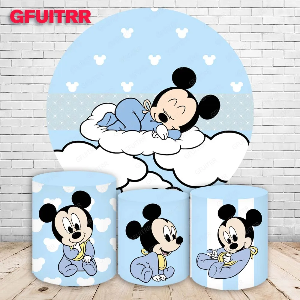 

Mickey Mouse Baby Round Backdrop Kids Birthday Party Decoration Baby Shower Photography Background Cylinder Cover Booth Prop