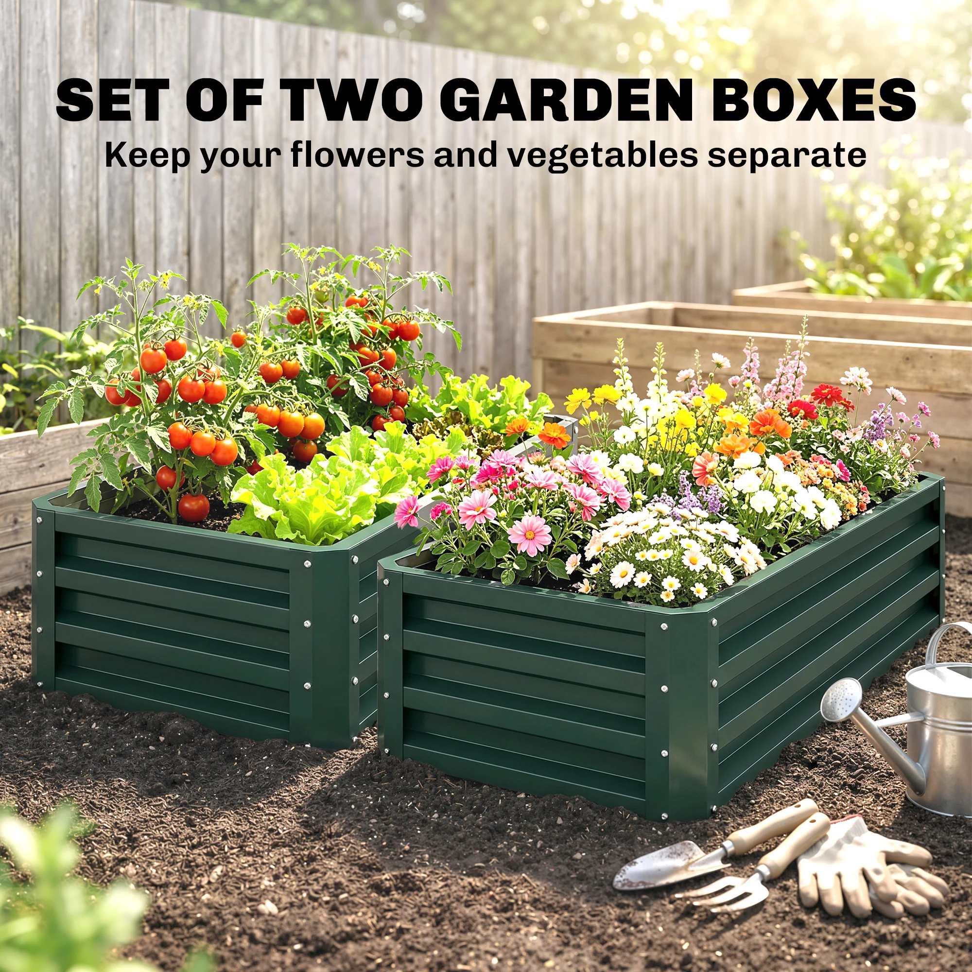 Outsunny Galvanised Raised Beds for Garden Set of 2, Outdoor Elevated Planter Box, Easy-to-assemble, Green