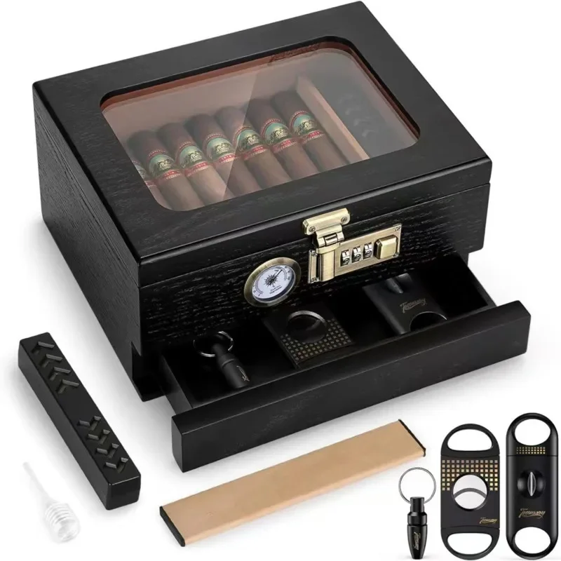 Cigar Box Home Practical Wooden Transparent Cover Cigar Storage Box Solid Wood Cigar Moisturizing Box Cigar Wooden Box Gifts New