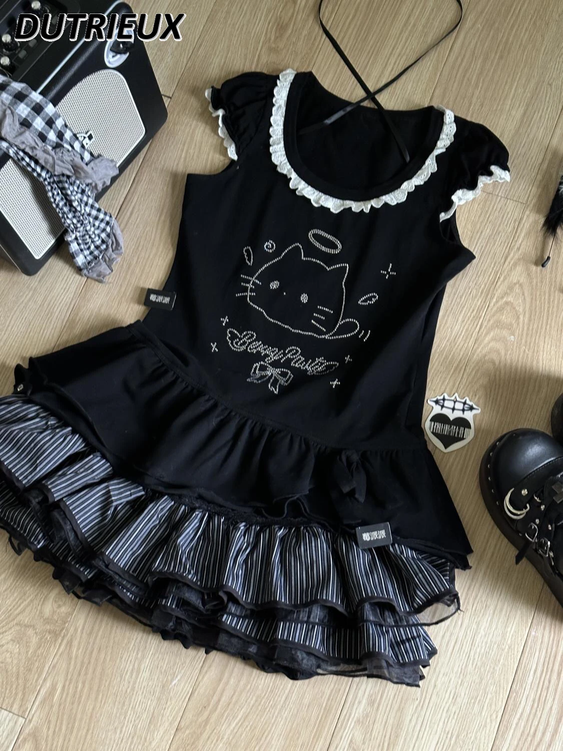 Japanese Y2k Sweet Hot Girl Style Black Tops Lace Bow T-shirt and Puffy Black Gray Short Skirt Two Piece Sets Womens Outifits