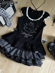 Japanese Y2k Sweet Hot Girl Style Black Tops Lace Bow T-shirt and Puffy Black Gray Short Skirt Two Piece Sets Womens Outifits