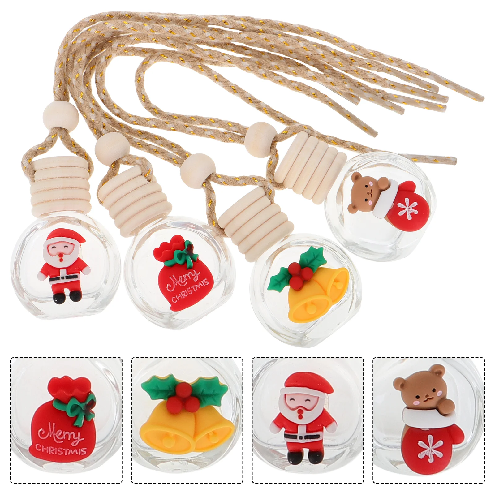 

4pcs Christmas Car Air Freshener Hanging Diffuser Bottles Glass Perfume Vials Refillable Essential Oil Holders Dashboard Decor