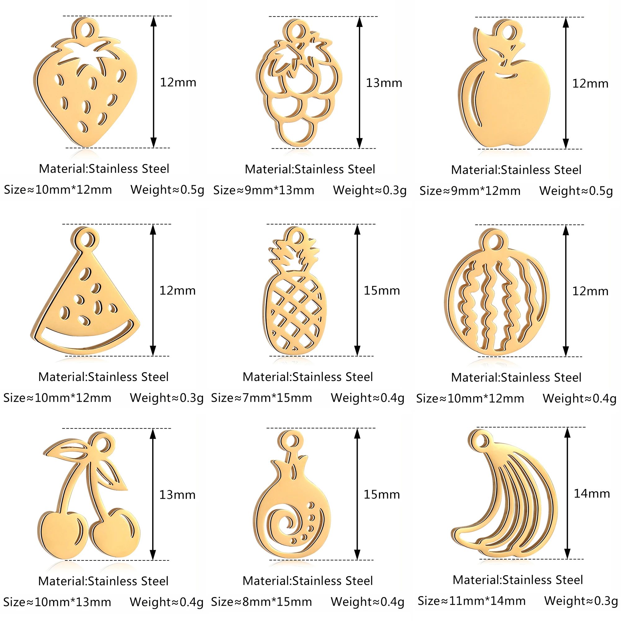 5Pcs Strawberry/Cherry/Pineapple/Watermelon Charms Stainless Steel Fruits Pendants DIY Bracelets Necklace Making Jewelry Making