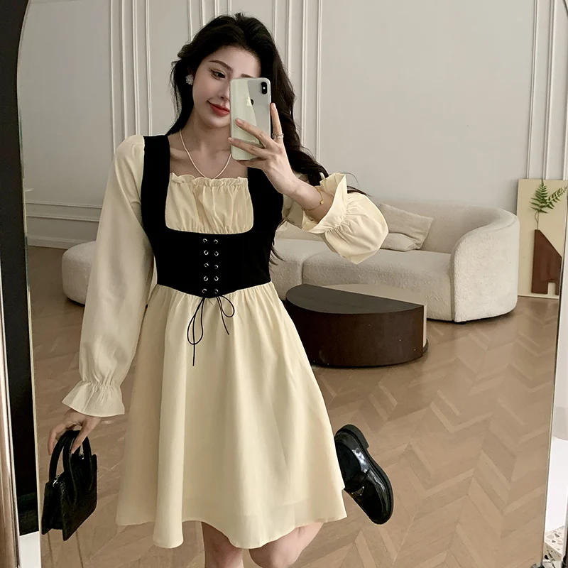 Summer New Small Fragrant Wind Fake Two Piece Dress Women\'s Spring Waist Waist Slimming A-line Skirt Long sleeved Short Skirt