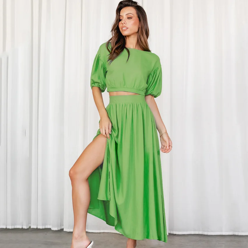 

2022 Women’s Dress Sets Fashion Crop Skirts Sets Sexy Hollow Waist Female Clothing Puff Sleeve Casual Dresses Suits for Women