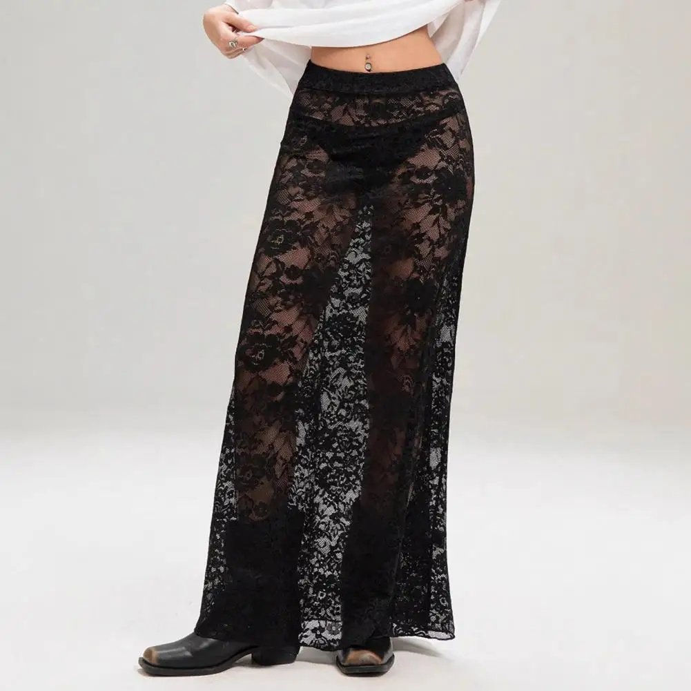 

Black Women Lace Skirt Hip-Hugging Fishtail Skirt High Waist Slim Transparent Lace Fabric Maxi Skirt Banquets Dates Skirts