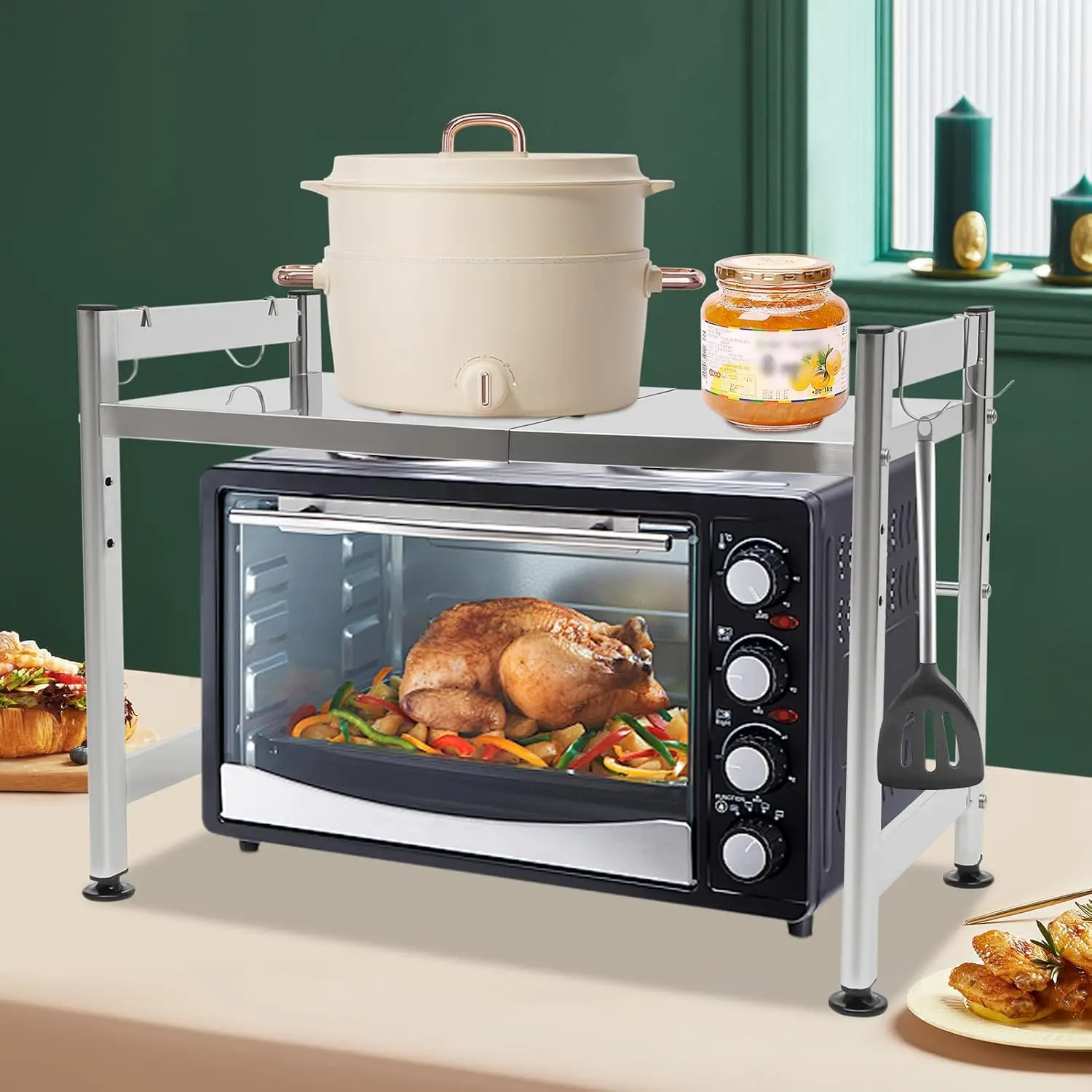 

Стойка для микроволновой печи Расширяемая подставка для микроволновой печи из нержавеющей стали с 4 крючками