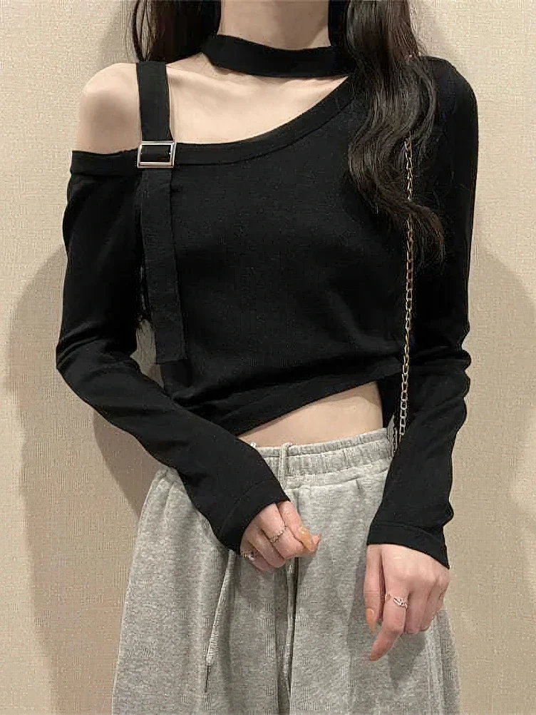 Off Shoulder Knit Long Sleeve T-Shirt Women Slim Korean Fashionb Halter Crop Top Youth Elegant Clothing 2023 New