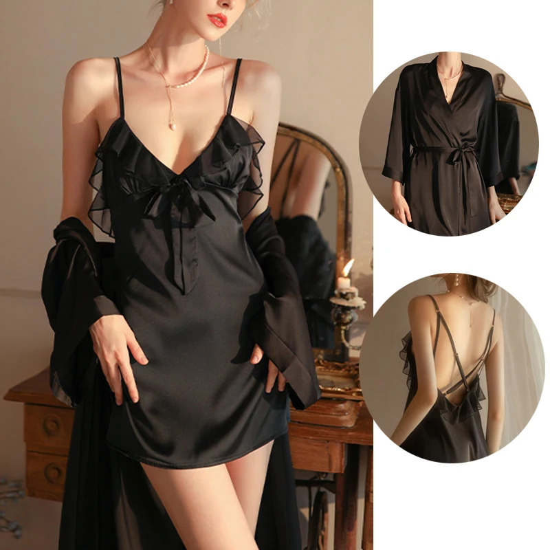 

Ice-Silk Sexy Robe Set Women's Spring Suspender Nightdress Nightgown Two-piece Suit Sleepwear Strap Open Back Lace Nightwear