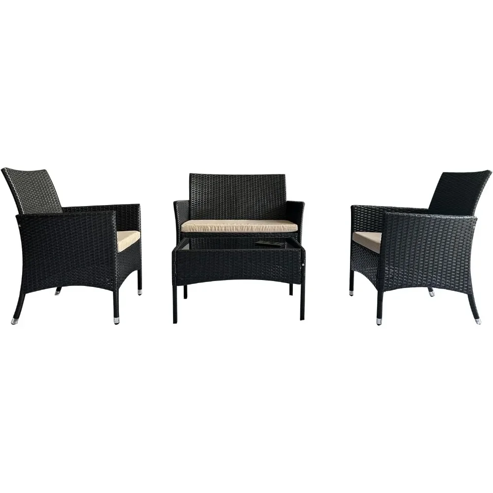 Terrace Furniture Set with Table and Chairs, Wicker Sofa with Armchair and Wicker Edge Table, 4 Pcs