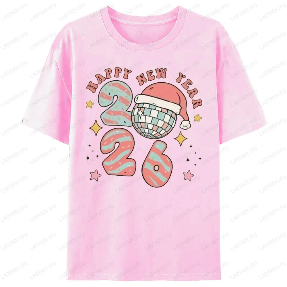 Happy New Year 2026 Disco Ball Christmas Graphic T Shirts for Women Men Clothing Hoppy Xmas Vacation Party Gift Short-sleev Tops