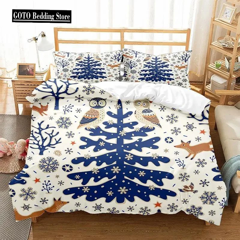 

3D Print Snowflake Tree,Owl,Fox Christmas Quilt Cover+Pillowcases Deer, Rhino Bedroom Bedding for Teen Boy Girls Single Double