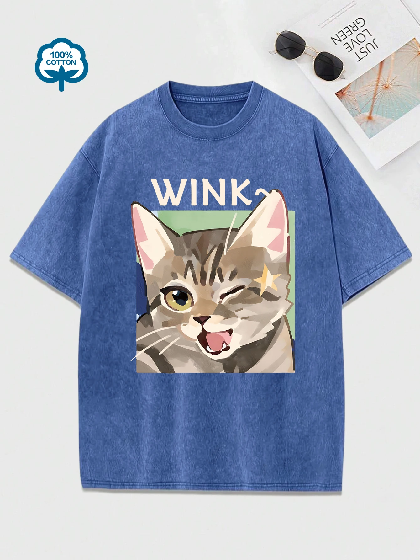 Wink Cute Cartoon Cat Prints  Women Washed T-Shirt Casual Cotton T Shirts All-Match Comfortable Tee Top Summer Short Sleeve