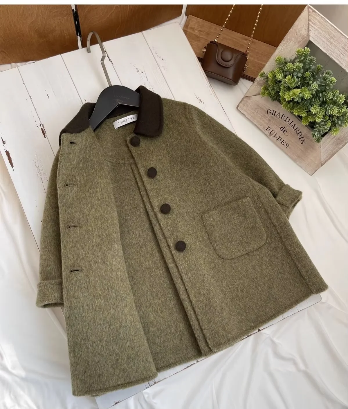 Girls' Woolen Coat Autumn And Winter New Children's Retro Green Collar Double sided Woven Bow Overcoat 90-160CM