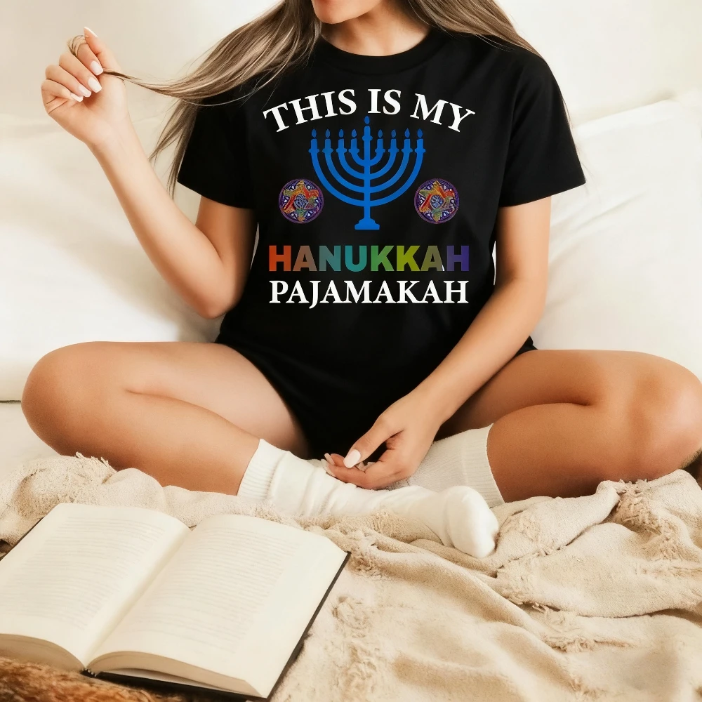 This Is My Hanukkah Pajamakah Tshirt Hanukkah Funny Pajama Gift T-Shirt Menorah Festival of Lights Shirt Women Casual Cotton Tee