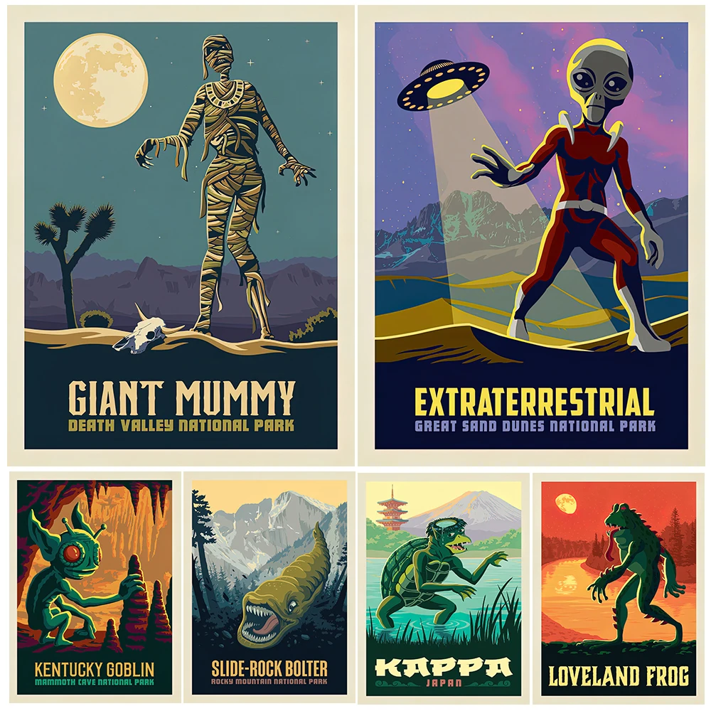 ملصق فني برؤية غريبة مطبوع ، موميا عملاقة ، عفريت بنتاكي ، راكشا ، مخلوقات أسطورية ، فن حائط حيوان خيالي ، طباعة قماش #1