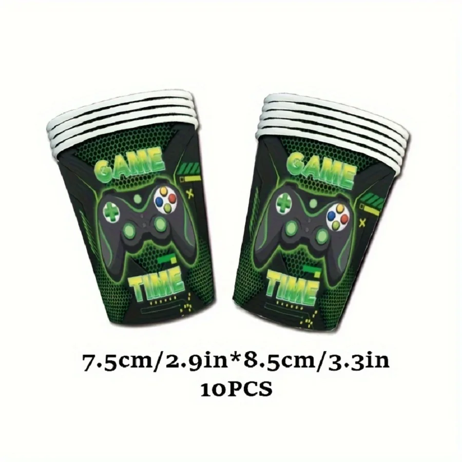 1/10pcs Green Game Theme Birthday Party Decoration Tableware Singles Paper Plates Paper Cups Paper Towels Pull Flags Tableware