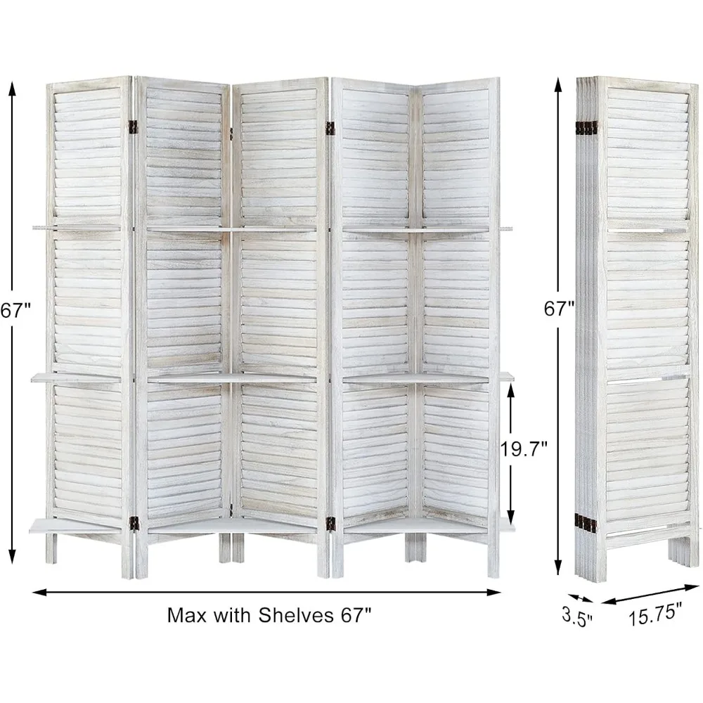 5 Panel Room Divider with Shelves, Distressed White, Freestanding Folding Privacy Screen for Home