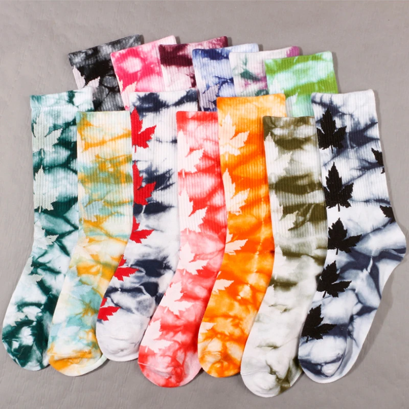 New men's and women's tide socks INS street basketball socks tie-dye maple leaf trend sports socks