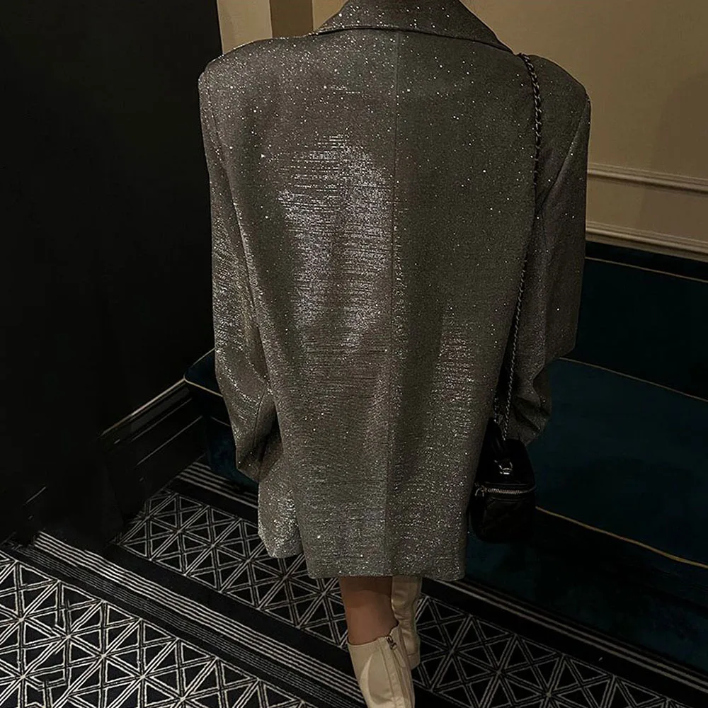 Spring Autumn Tra Zar Women 2023 Silver Sequin Blazer Woman Oversized Suit Jacket Fashion Elegant Female Party Club Coat Women