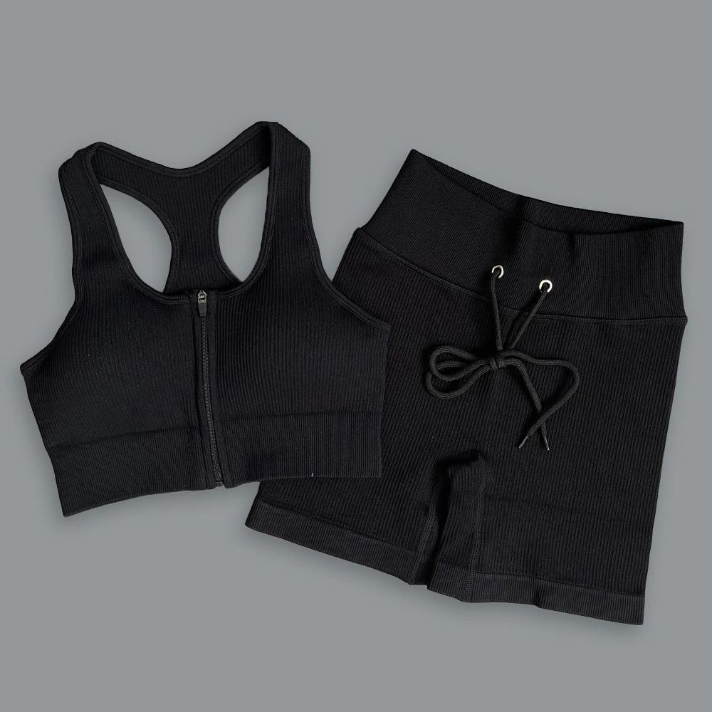 Women Yoga Set Workout Sportswear Gym Clothing Sport Set Sports Bra Shorts Workout Outfit Rib knitting Gym Suit Female Clothes