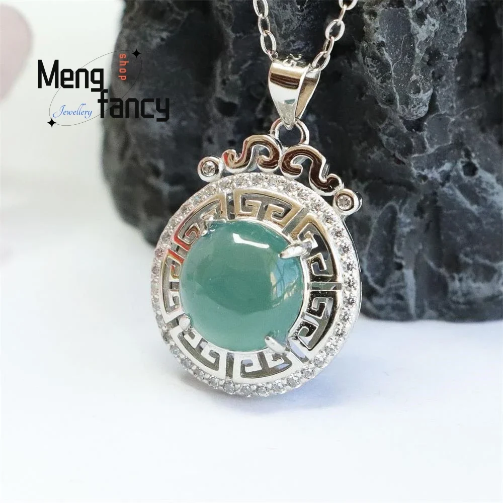 

S925 Silver Lnlaid Natural Jadeite Ice Blue Water Peace Buckle Pendant Exquisite Elegant Charm High-grade Luxury Quality Jewelry